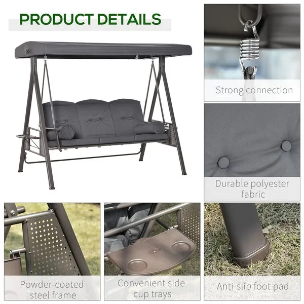 3 Seat Garden Swing Chair Steel Bench W/ Cushions Cup Trays