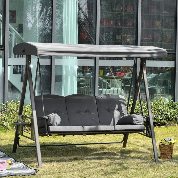 3 Seat Garden Swing Chair Steel Bench W/ Cushions Cup Trays