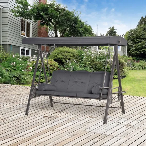 3 Seat Garden Swing Chair Steel Bench W/ Cushions Cup Trays