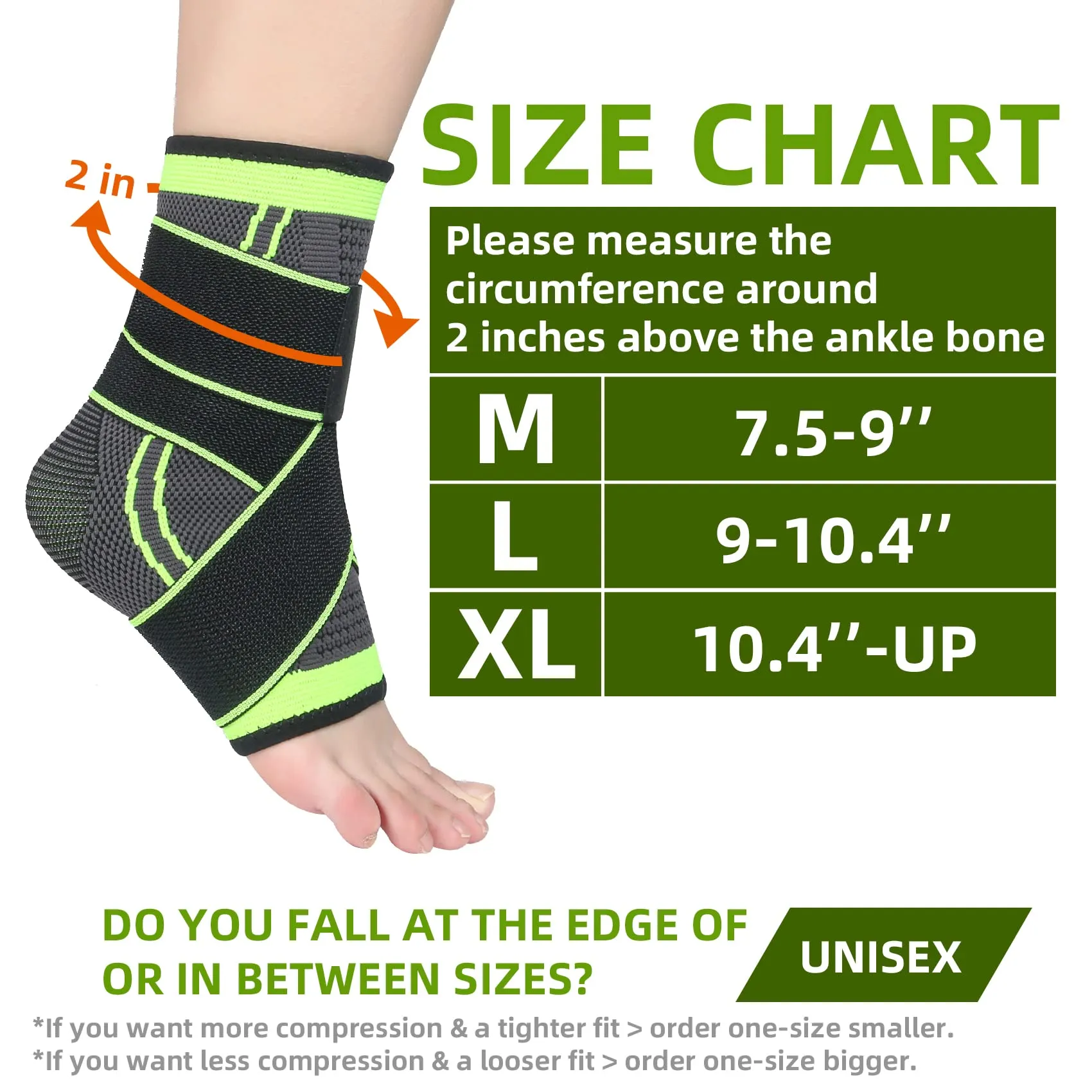 Ankle Braces, Adjustable Compression Ankle Support Men & Women, Strong Ankle Brace Sports Protection, Stabilize Ligaments-Eases Swelling and Sprained Ankle (Large, Green, 1) Large