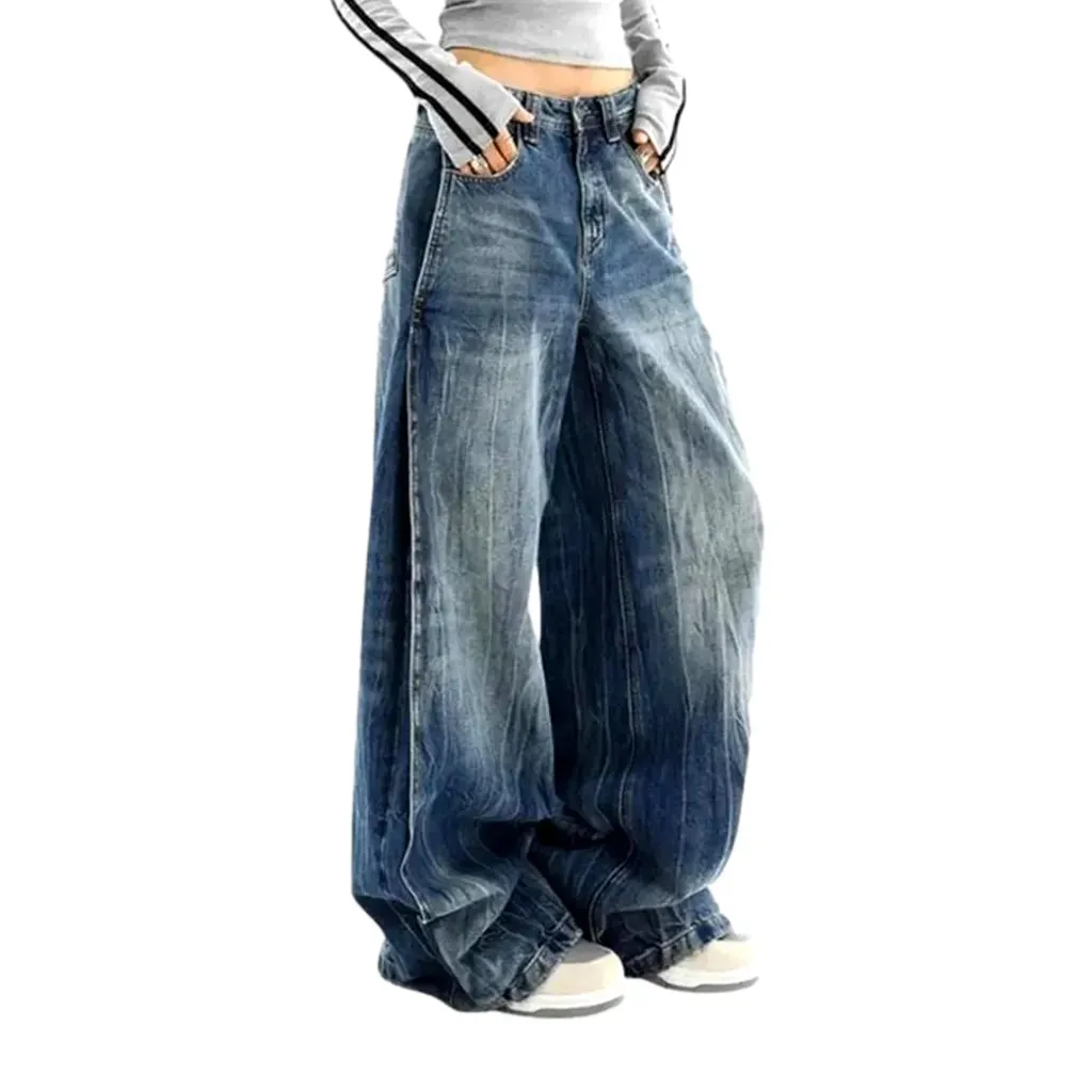 Baggy-leg high-rise faded wash jeans for ladies