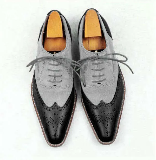 Bespoke Gray Black Leather Wing Tip Lace Up Shoe for Men