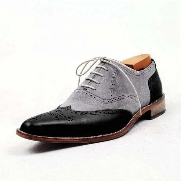 Bespoke Gray Black Leather Wing Tip Lace Up Shoe for Men