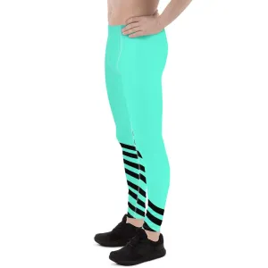 Bright Turquoise Blue Meggings, Black Diagonal Stripe Print Designer Premium Men's Leggings - Made in USA/EU/MX