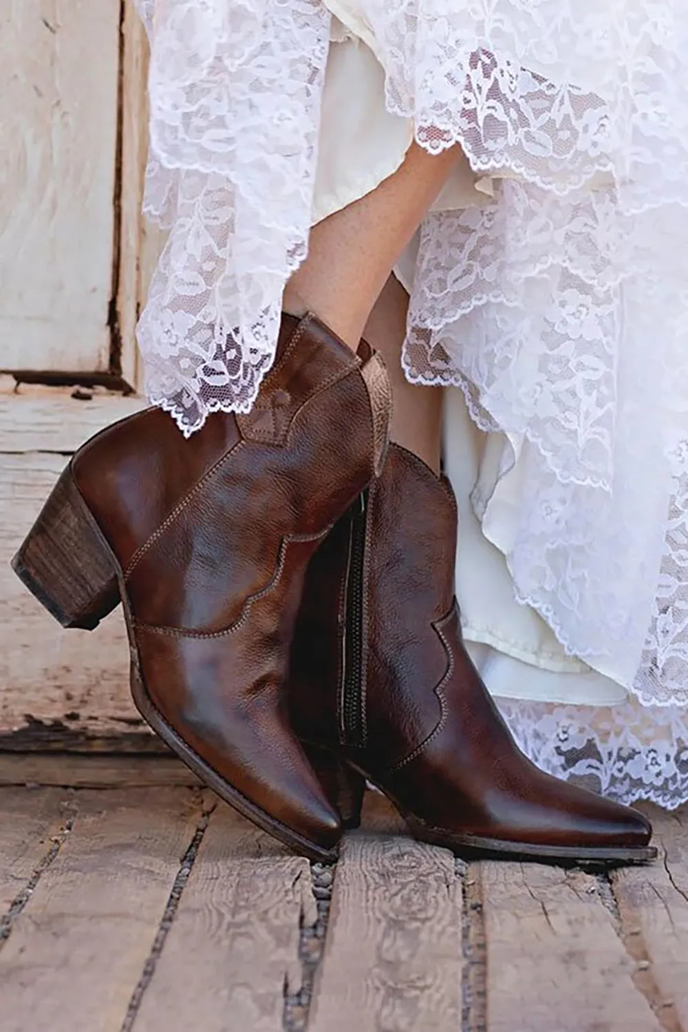 Brown PU Leather Chunky Steels Boho Wedding Boots