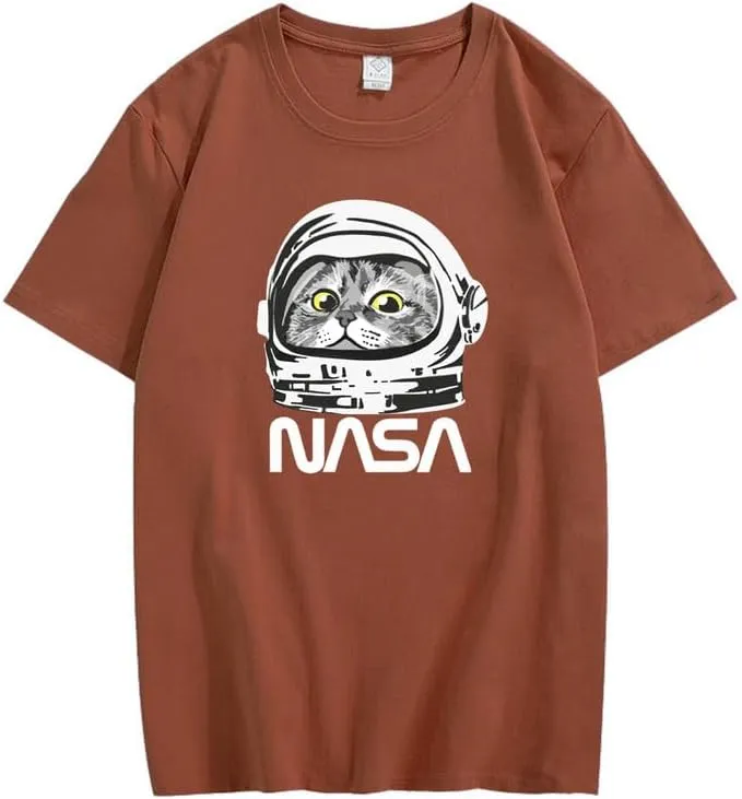 CORIRESHA Teen NASA T-Shirt Crew Neck Short Sleeves Cute Top for Cat Lovers