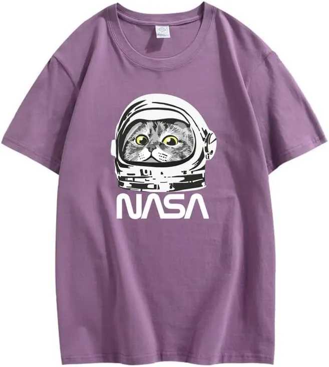 CORIRESHA Teen NASA T-Shirt Crew Neck Short Sleeves Cute Top for Cat Lovers