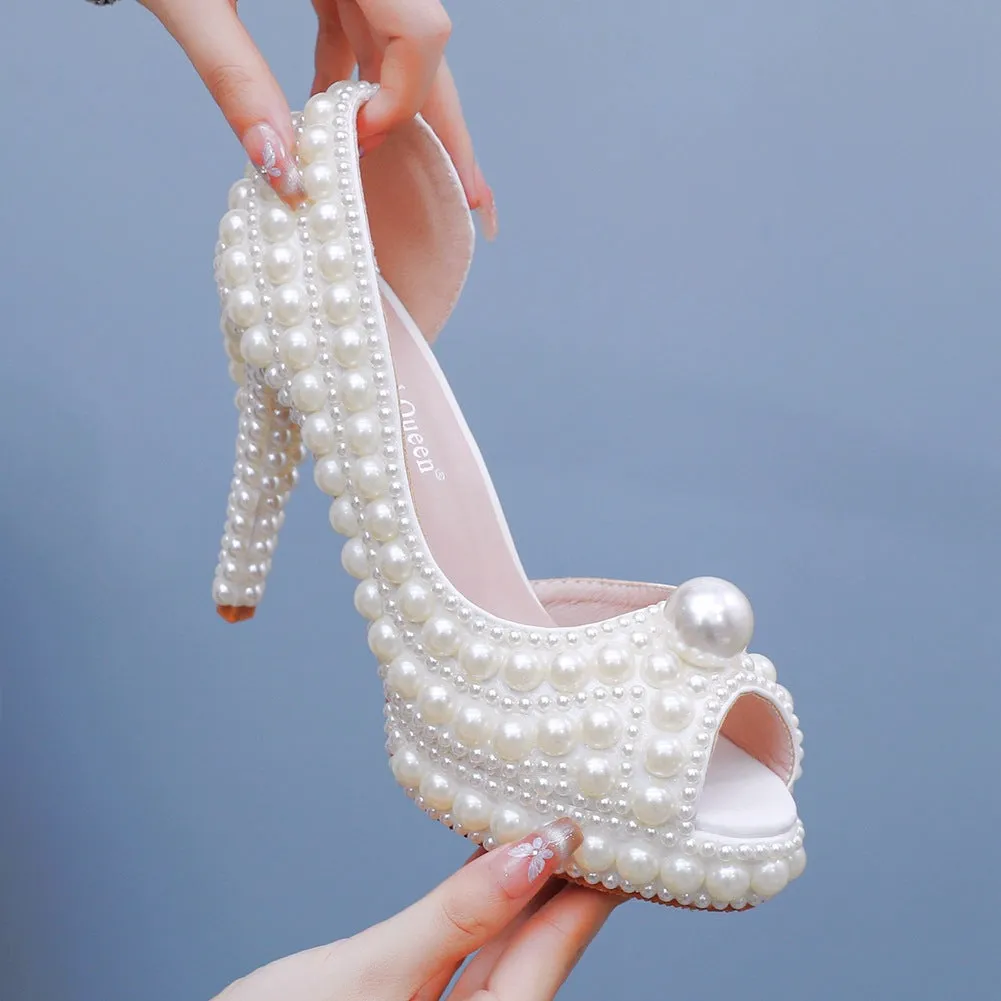 Fish Mouth High Heel Wedding Shoes With Pearl