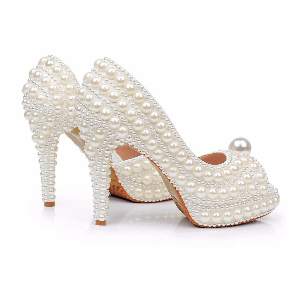 Fish Mouth High Heel Wedding Shoes With Pearl