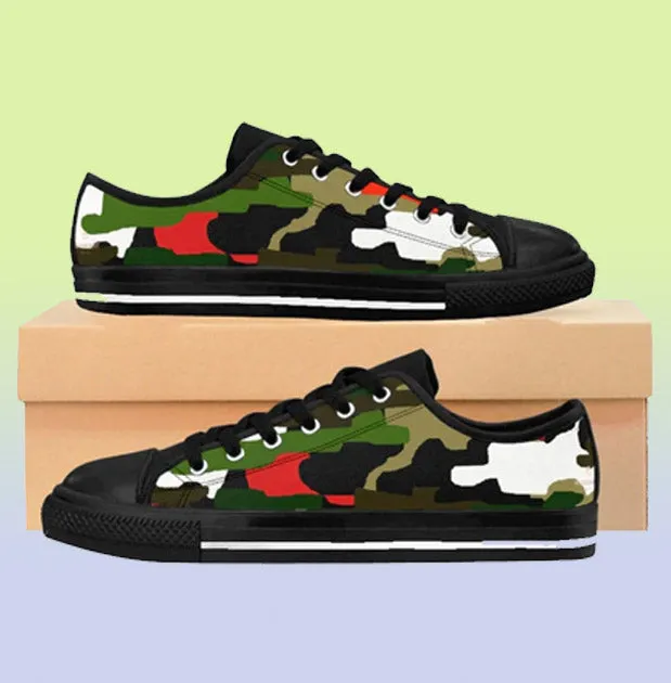 Green Camo Red Men's Sneakers, Military Army Print Low Top Canvas Shoes For Men (US Size 7-14)