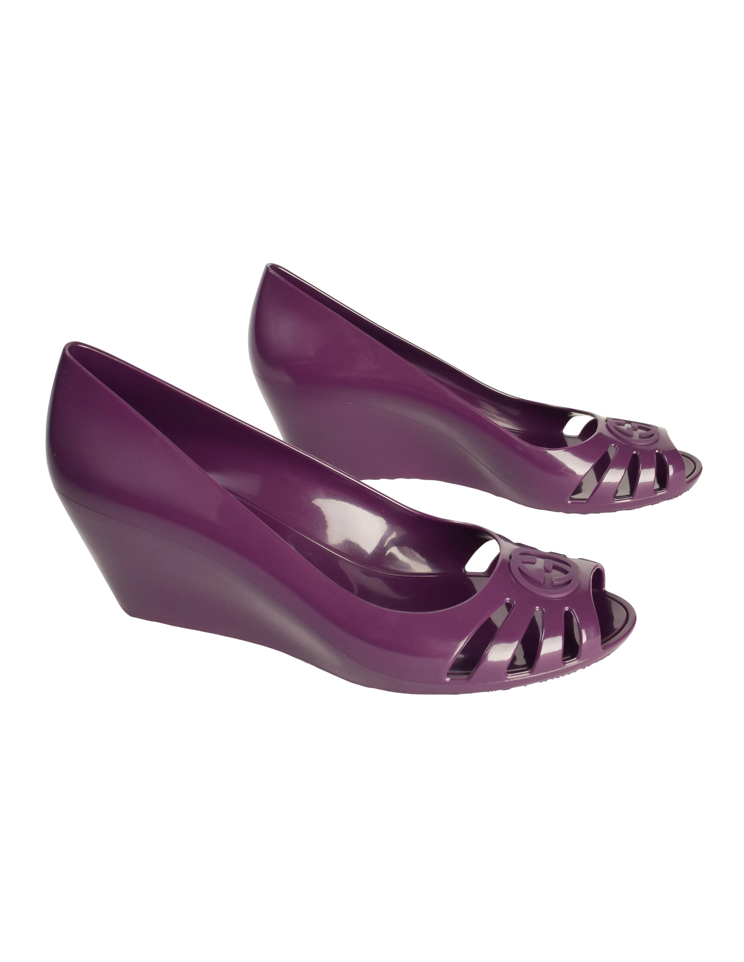 Gucci Vintage GG Logo Grape Purple Peep Toe Rubber Jelly Wedges