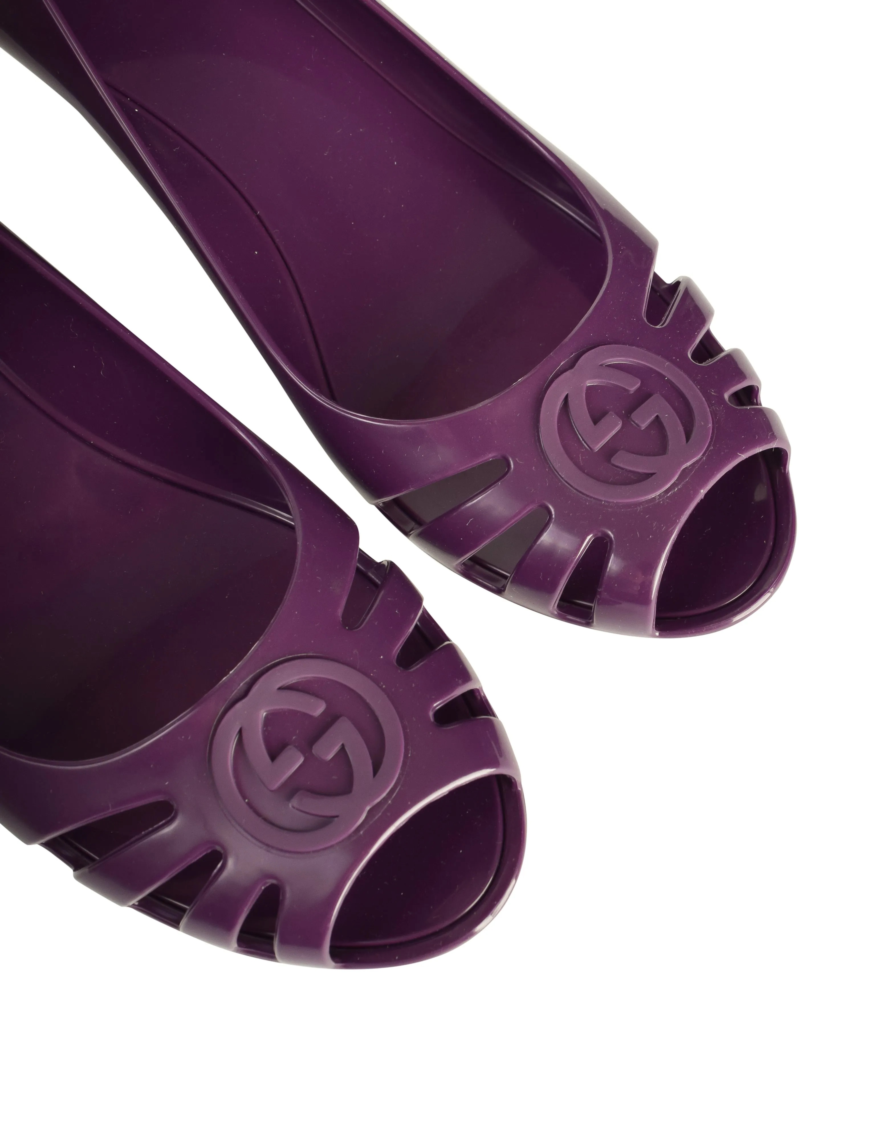 Gucci Vintage GG Logo Grape Purple Peep Toe Rubber Jelly Wedges