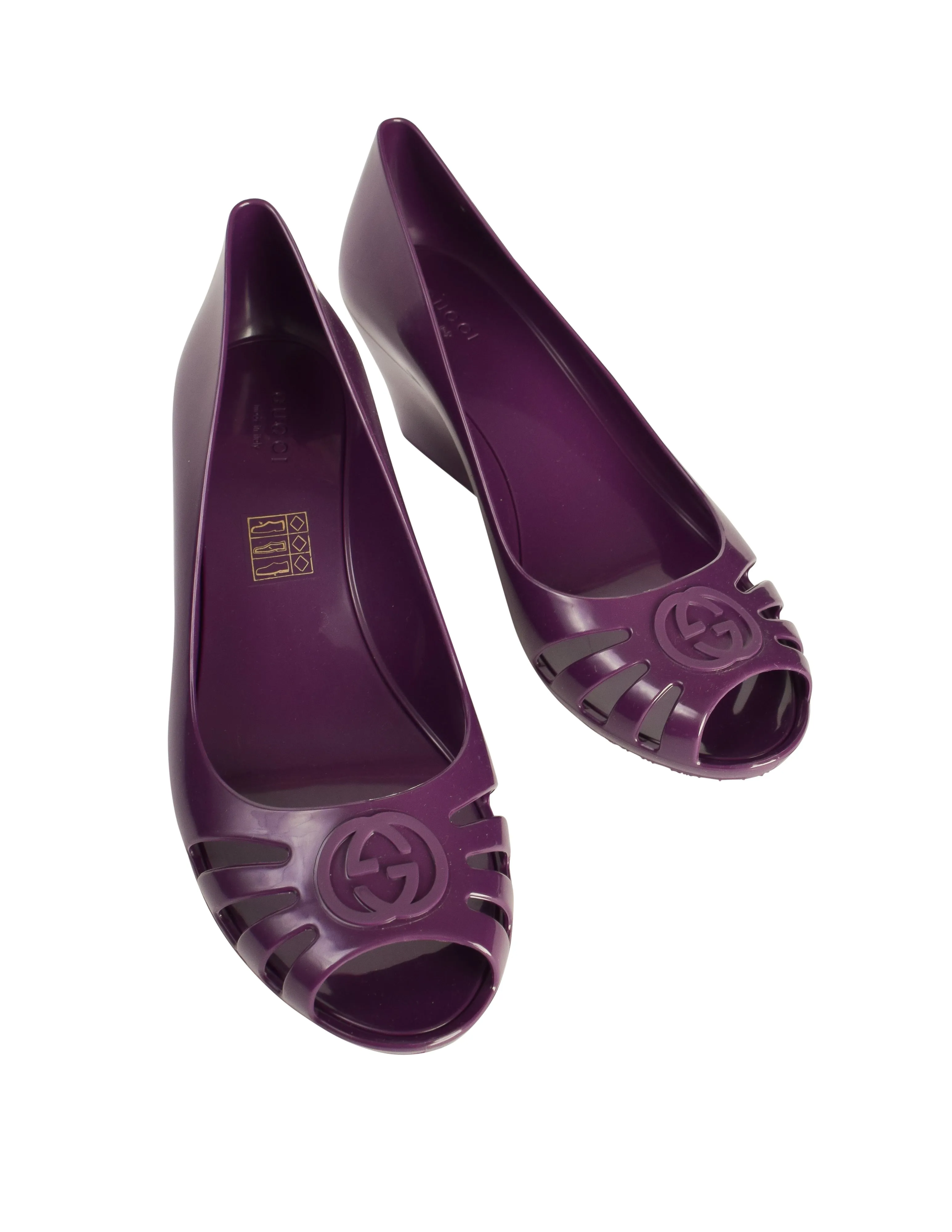 Gucci Vintage GG Logo Grape Purple Peep Toe Rubber Jelly Wedges