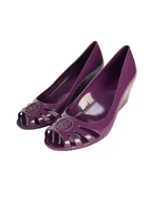 Gucci Vintage GG Logo Grape Purple Peep Toe Rubber Jelly Wedges