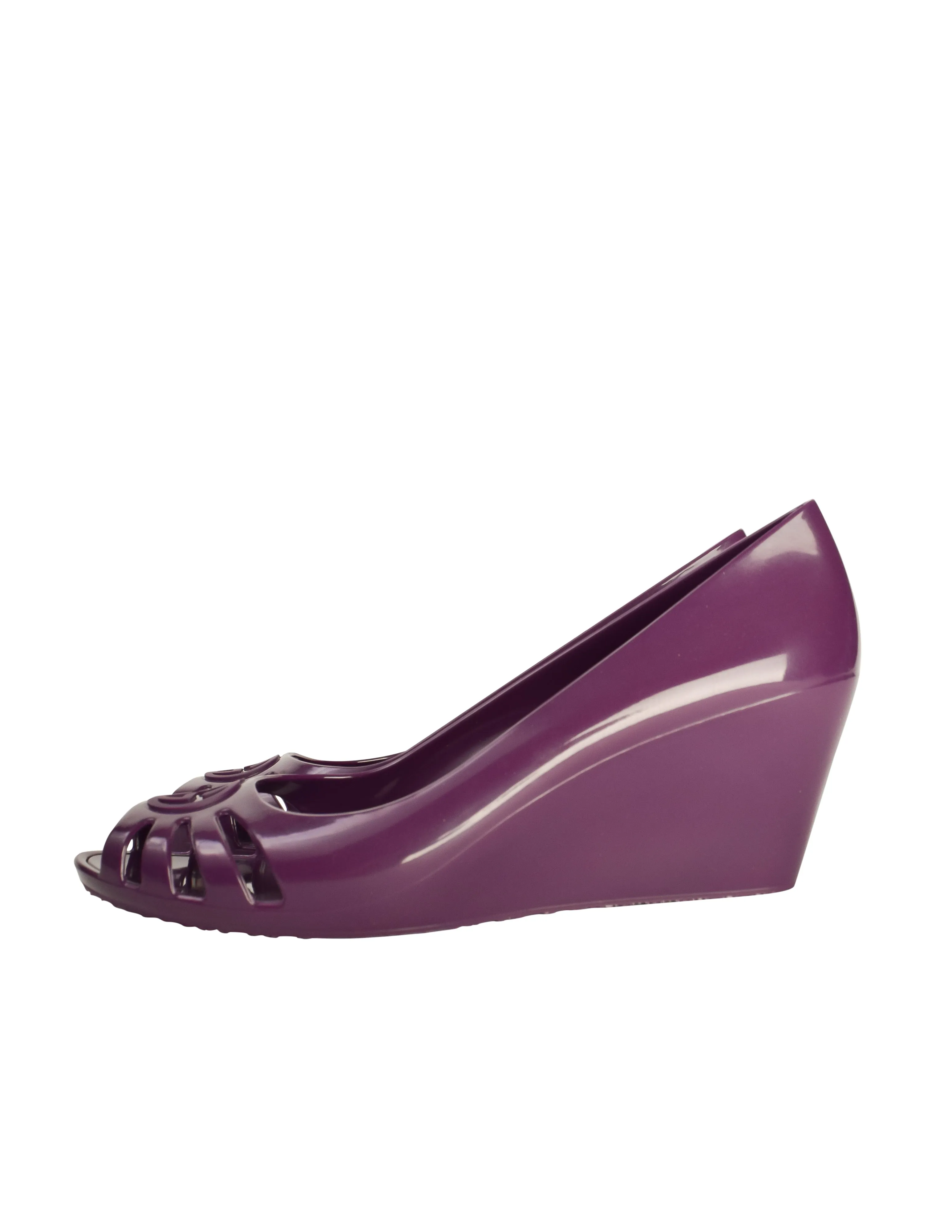 Gucci Vintage GG Logo Grape Purple Peep Toe Rubber Jelly Wedges