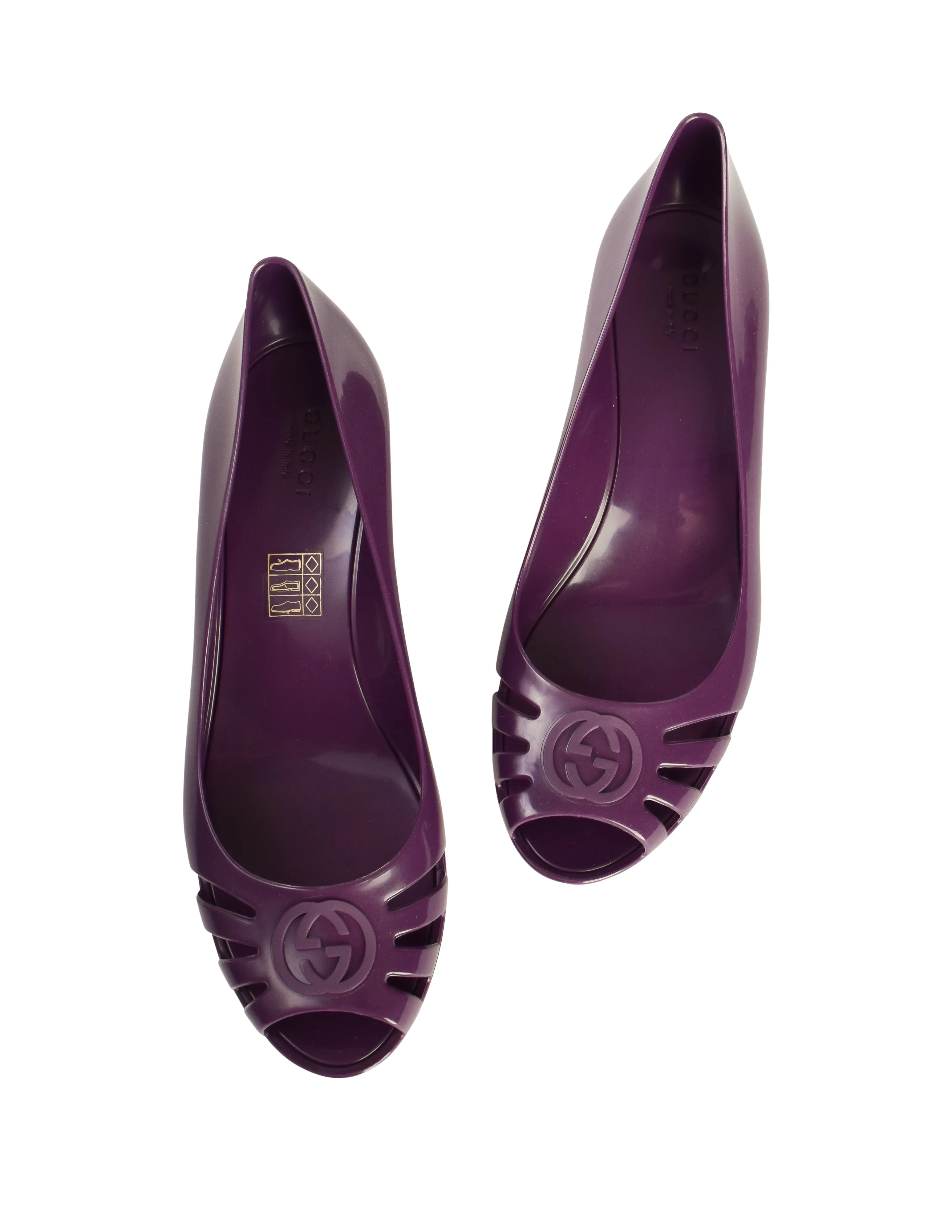 Gucci Vintage GG Logo Grape Purple Peep Toe Rubber Jelly Wedges