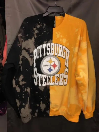 Handmade Pittsburgh Steelers Black Gold Bleached Half and Half Unisex Crew Sweatshirt