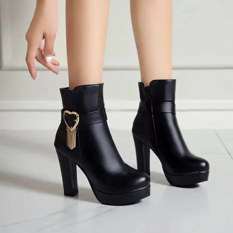 High-Heeled Sweetheart Tassel Ankle Boots for Women