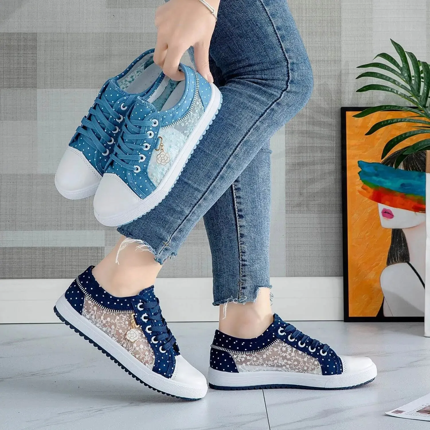 Hollow Denim Mesh Flat Casual Shoes for women