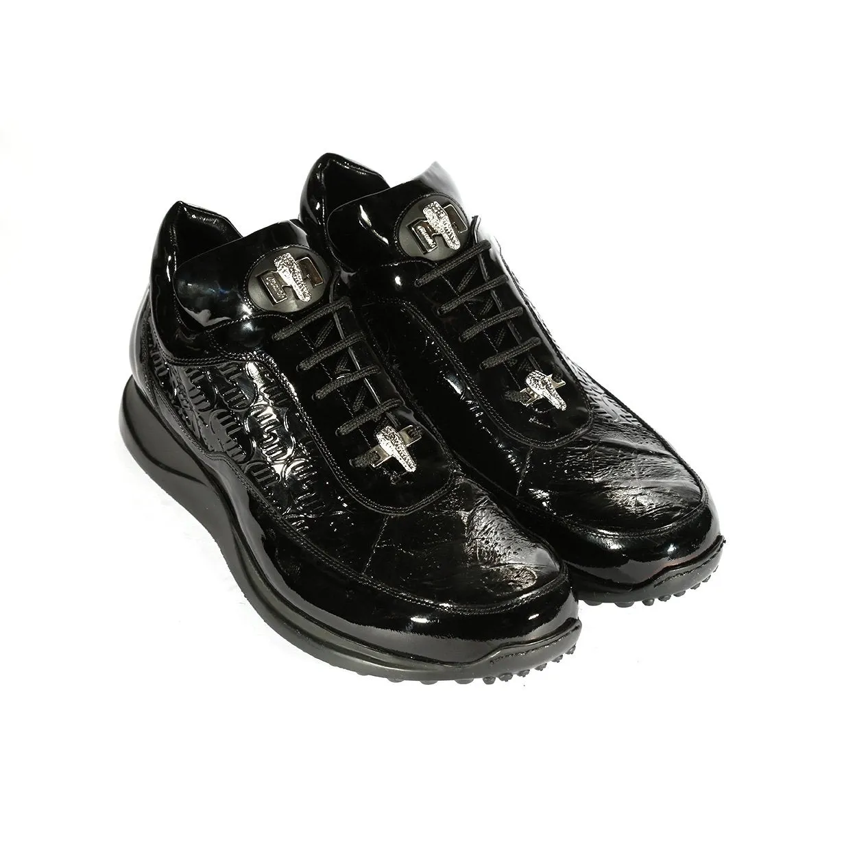 Mauri 8900/2 Bubble Men's Shoes Black Baby Crocodile / Patent Print Leather Tennis Sneakers (MA5352)