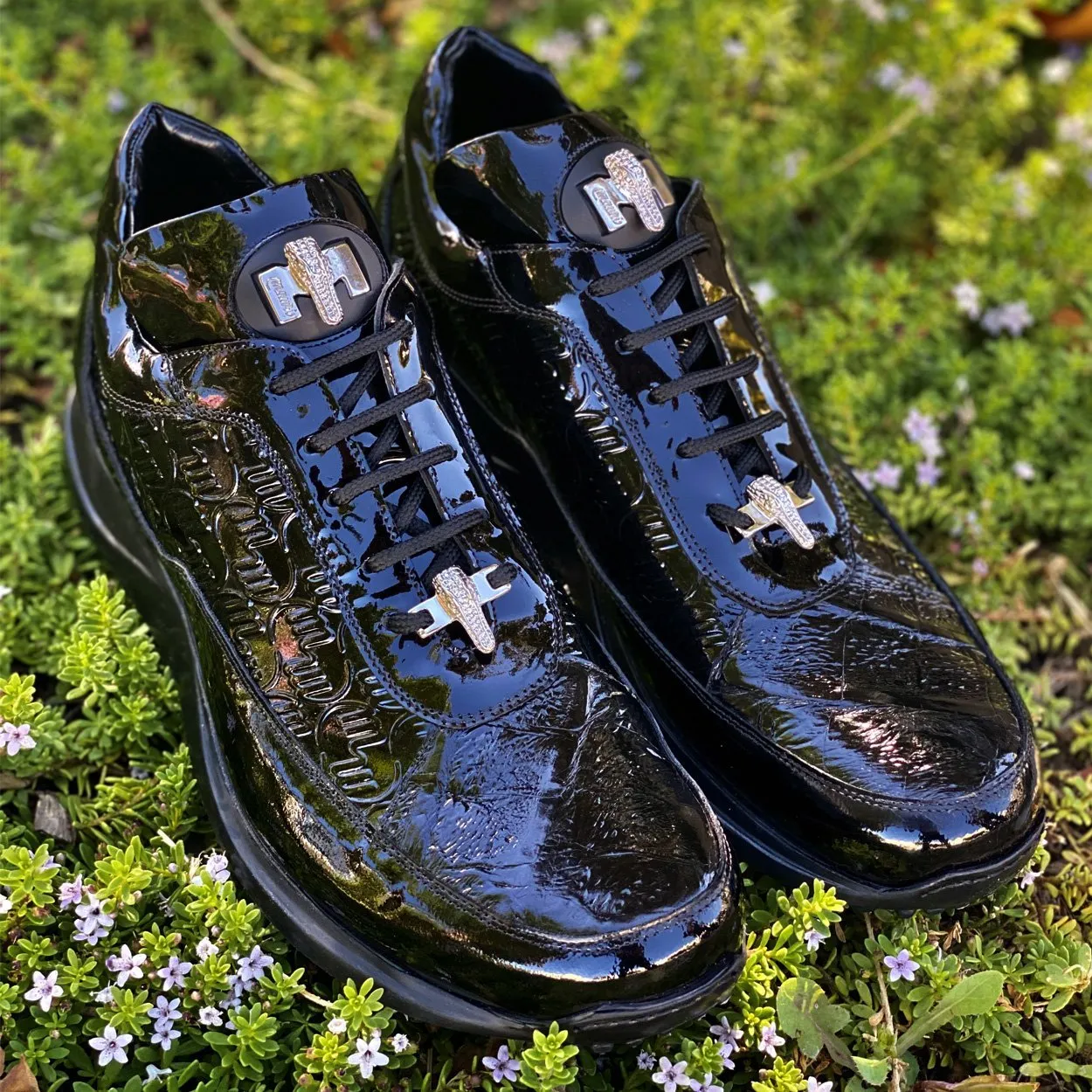 Mauri 8900/2 Bubble Men's Shoes Black Baby Crocodile / Patent Print Leather Tennis Sneakers (MA5352)