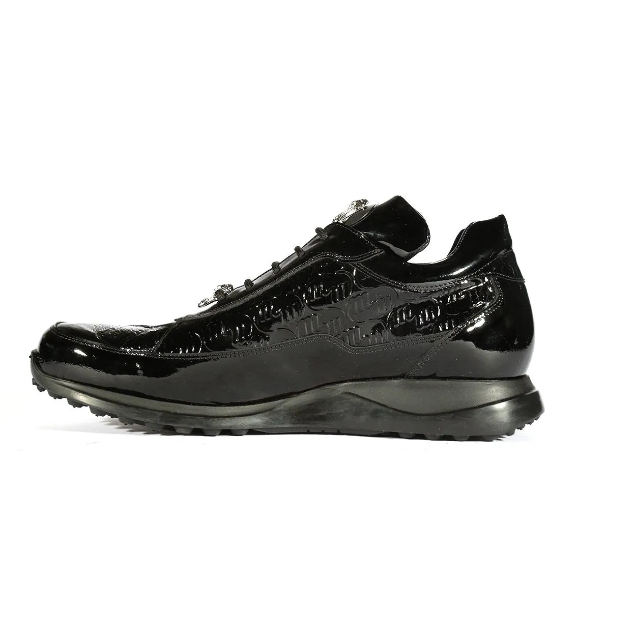 Mauri 8900/2 Bubble Men's Shoes Black Baby Crocodile / Patent Print Leather Tennis Sneakers (MA5352)