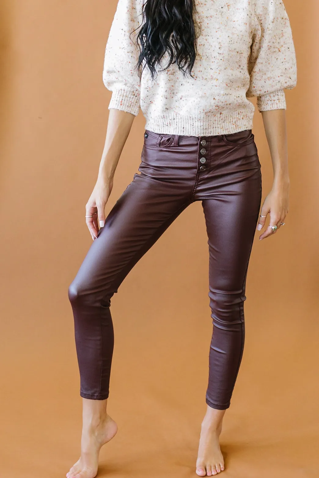 Melea High Rise Leather Skinnies in Burgundy