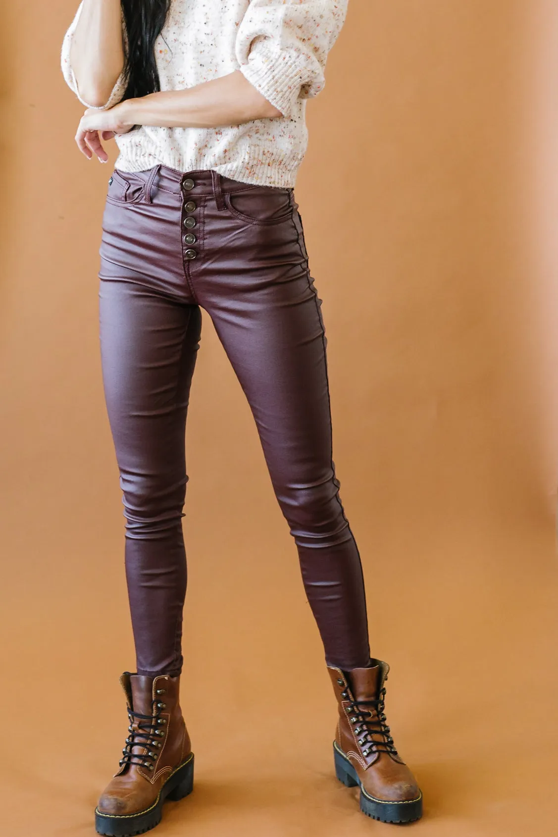 Melea High Rise Leather Skinnies in Burgundy