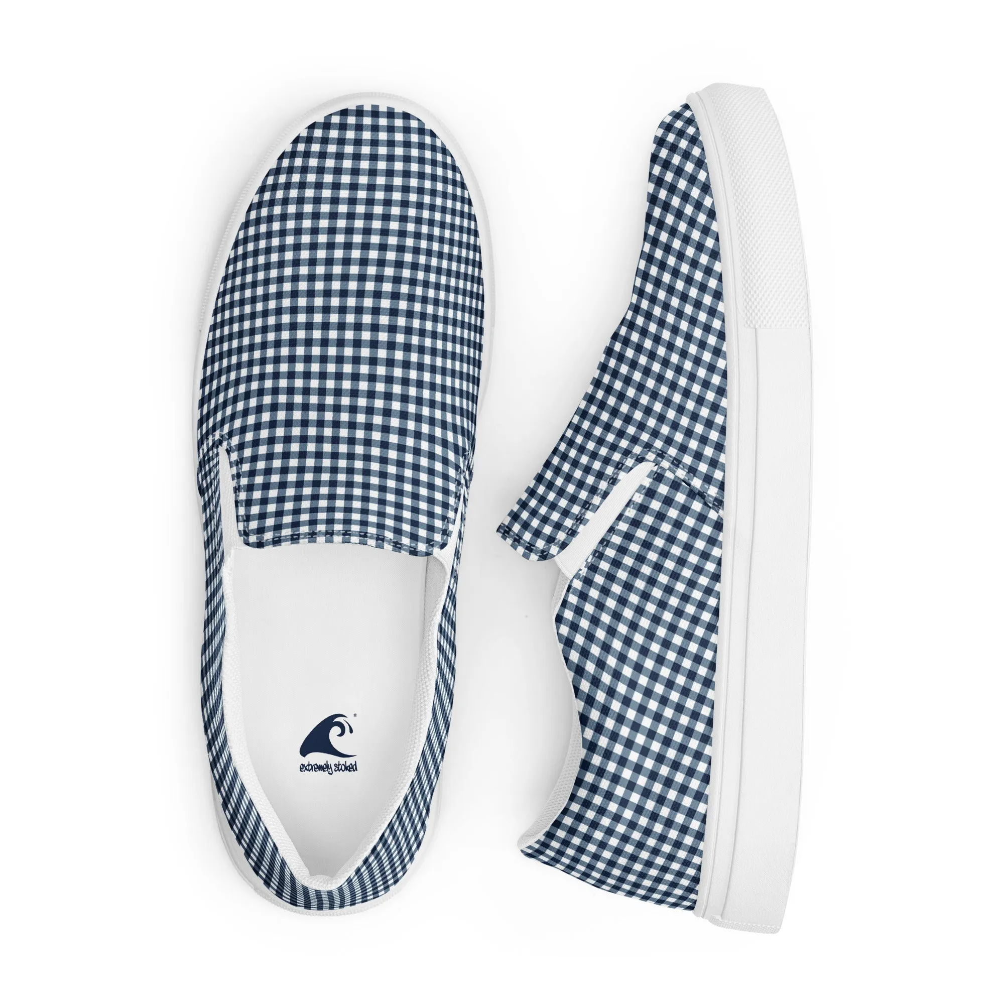 Navy Blue Gingham Check Men’s Slip On Canvas Shoes