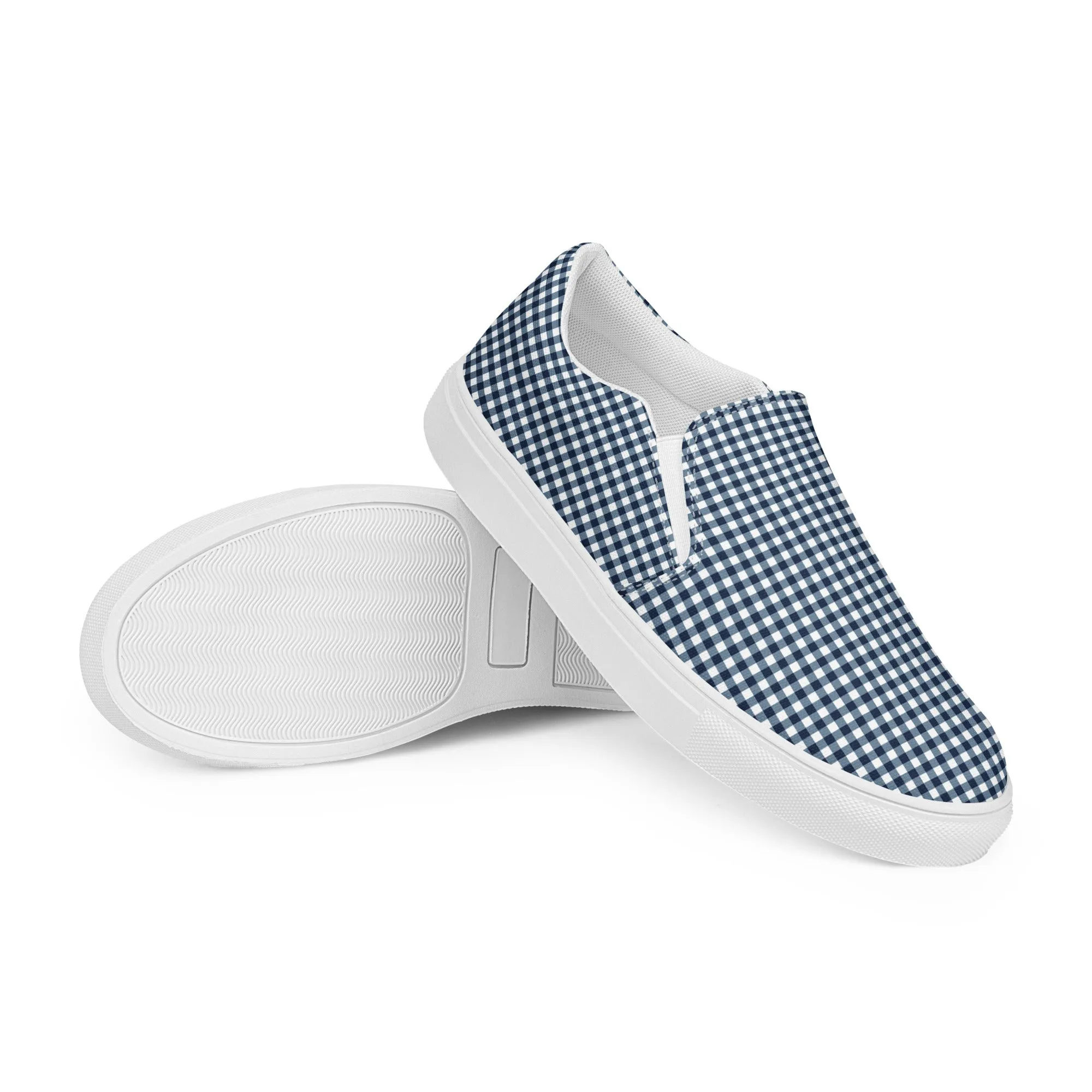 Navy Blue Gingham Check Men’s Slip On Canvas Shoes