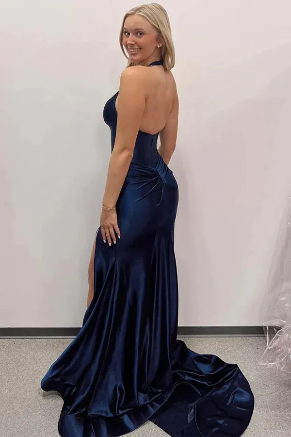 Navy Blue Halter Mermaid Long Prom Dress with Slit  PSK525