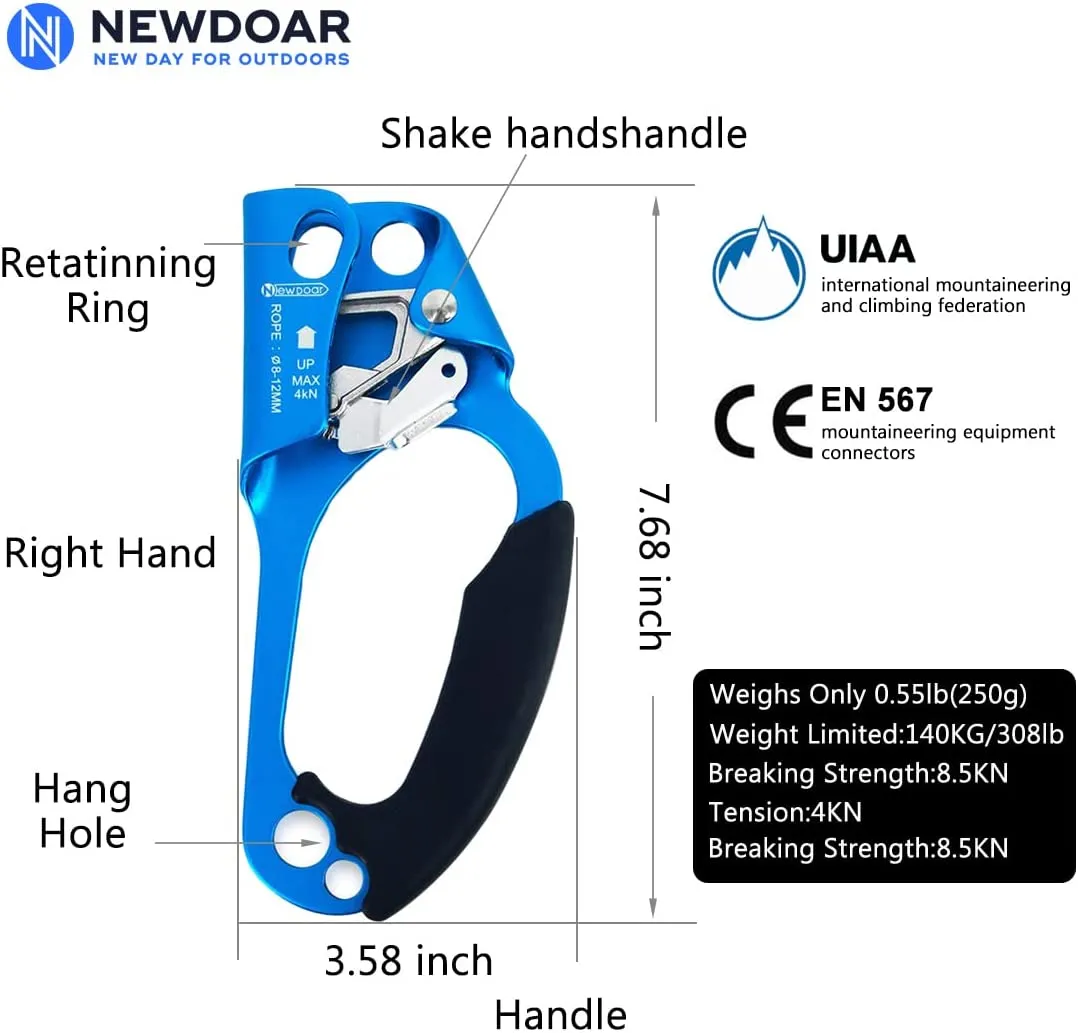 NewDoar UIAA & CE Certified Right Hand Ascender for 8~12MM Rope - Blue