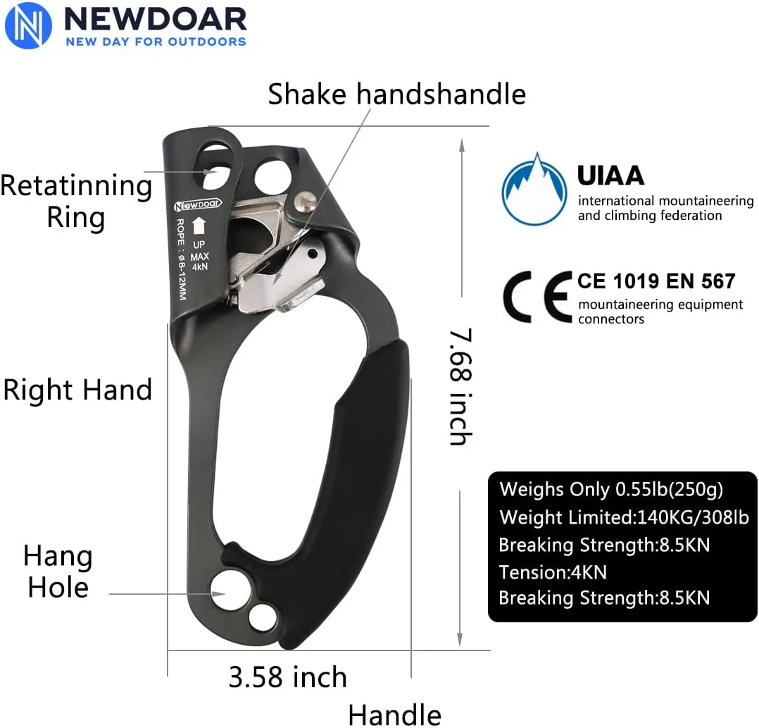 NewDoar UIAA & CE Certified Right Hand Ascender for 8~12MM Rope - Grey