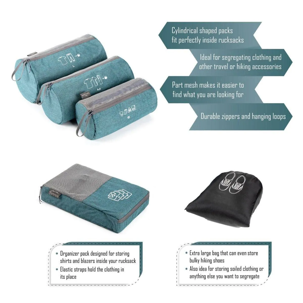 Organizer Packs - Cylindrical & Rectangle Shaped - Set of 6 - Sea Green