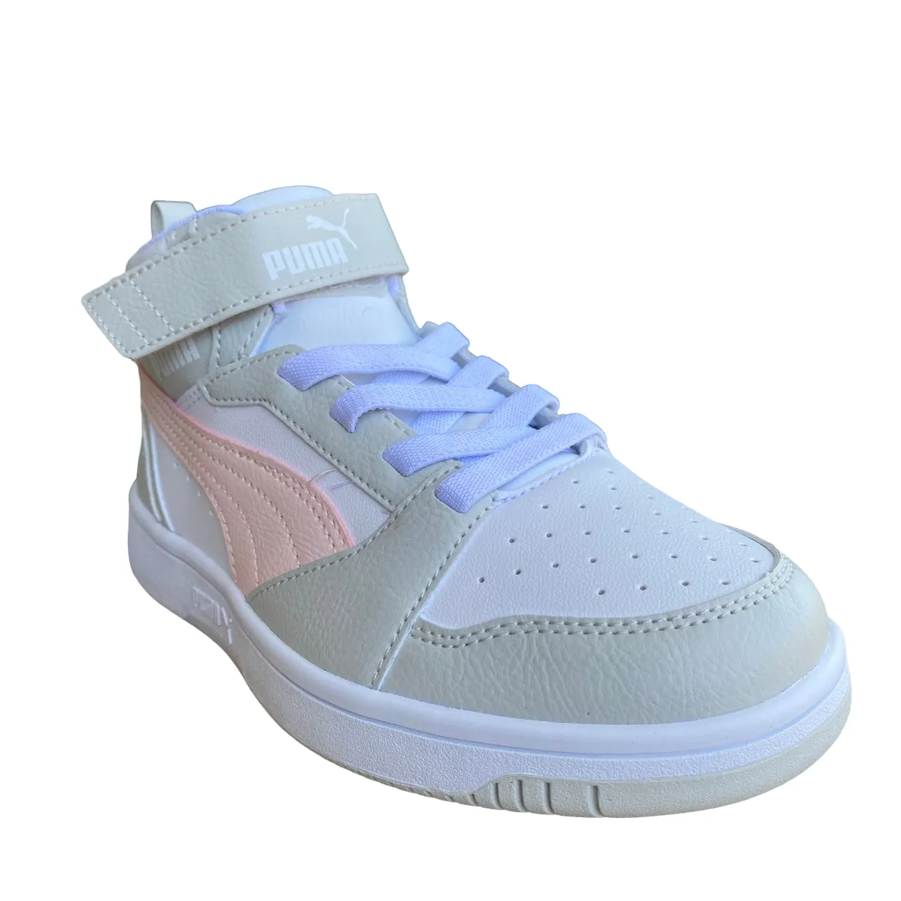 Puma scarpa alta da ragazza con laccio e strappo Rebound V6 AC PS 393832-04 bianco-rosa-grigio