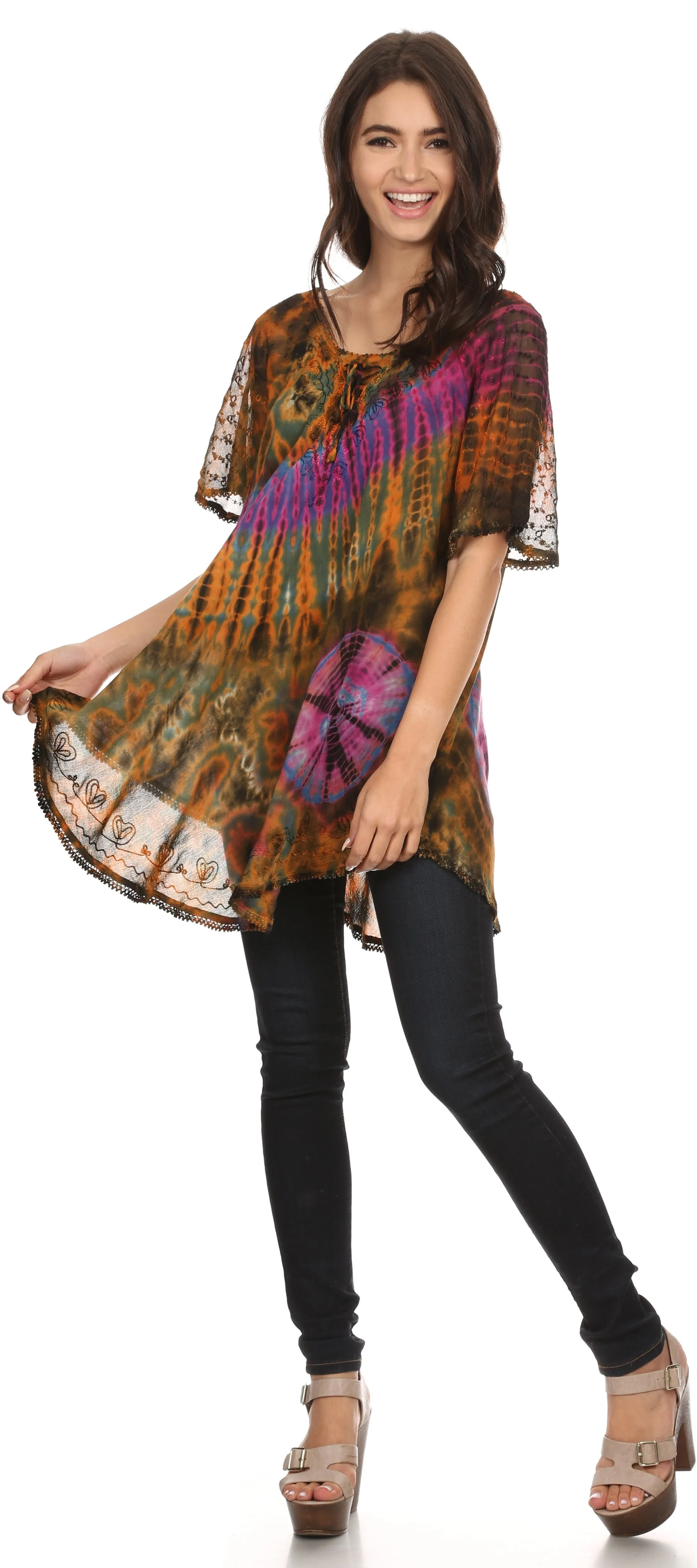 Sakkas Splenka Long Tie Dye Embroidered Corset Neck Cap Sleeve Blouse Shirt Top