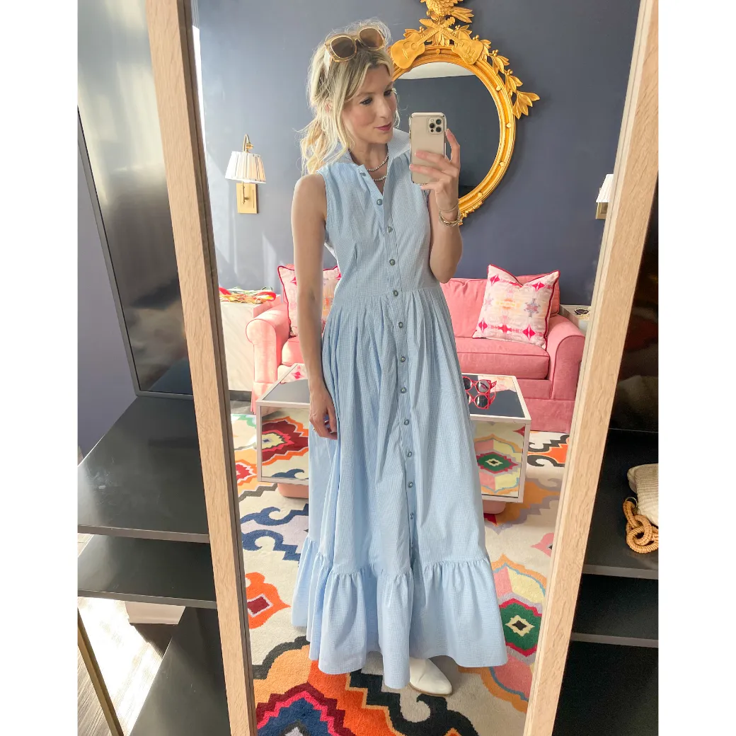 SAMPLE - BURU x Hunter Blake Sleeveless Tiered Shirtdress - Blue Gingham