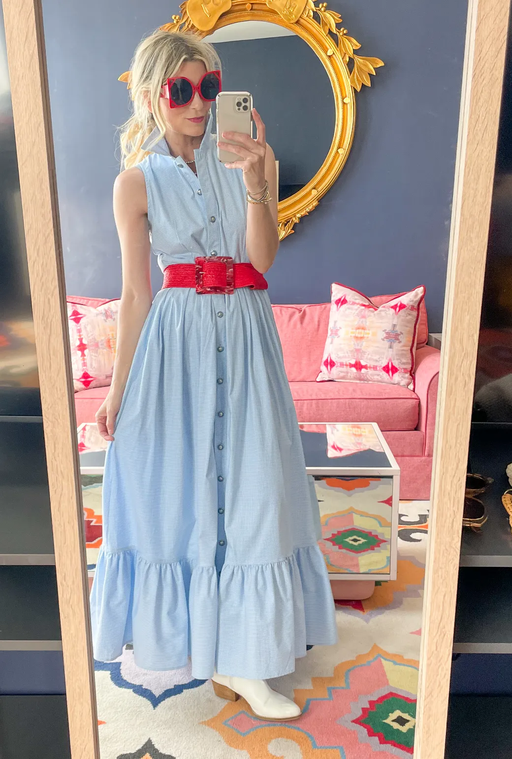 SAMPLE - BURU x Hunter Blake Sleeveless Tiered Shirtdress - Blue Gingham