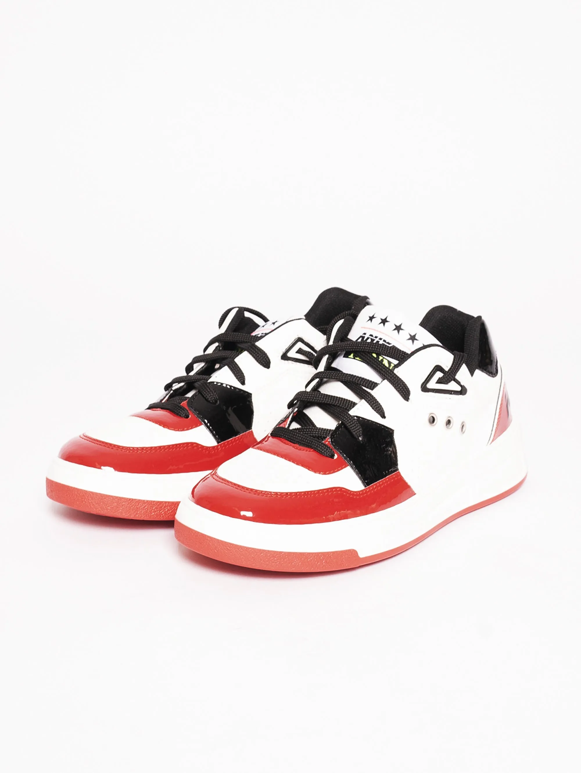 Sneaker in Pelle Effetto Vinile Bianco/Nero/Rosso