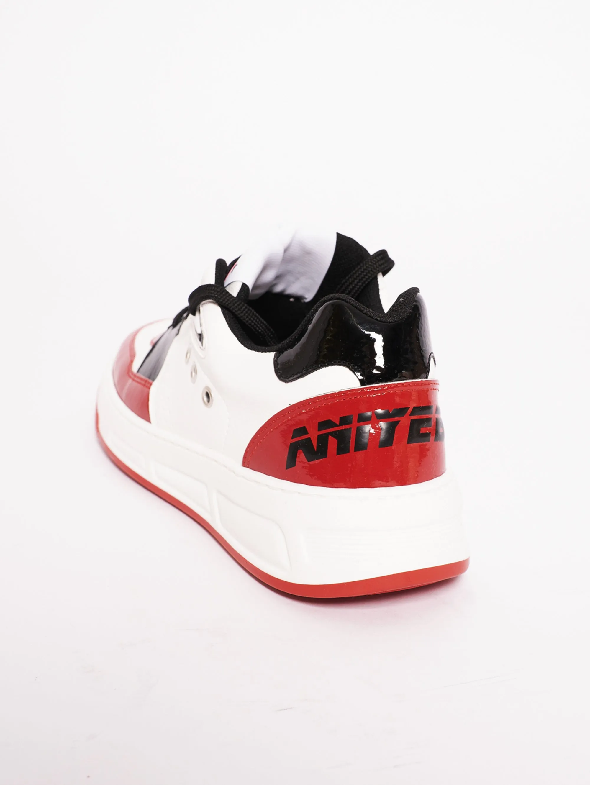 Sneaker in Pelle Effetto Vinile Bianco/Nero/Rosso