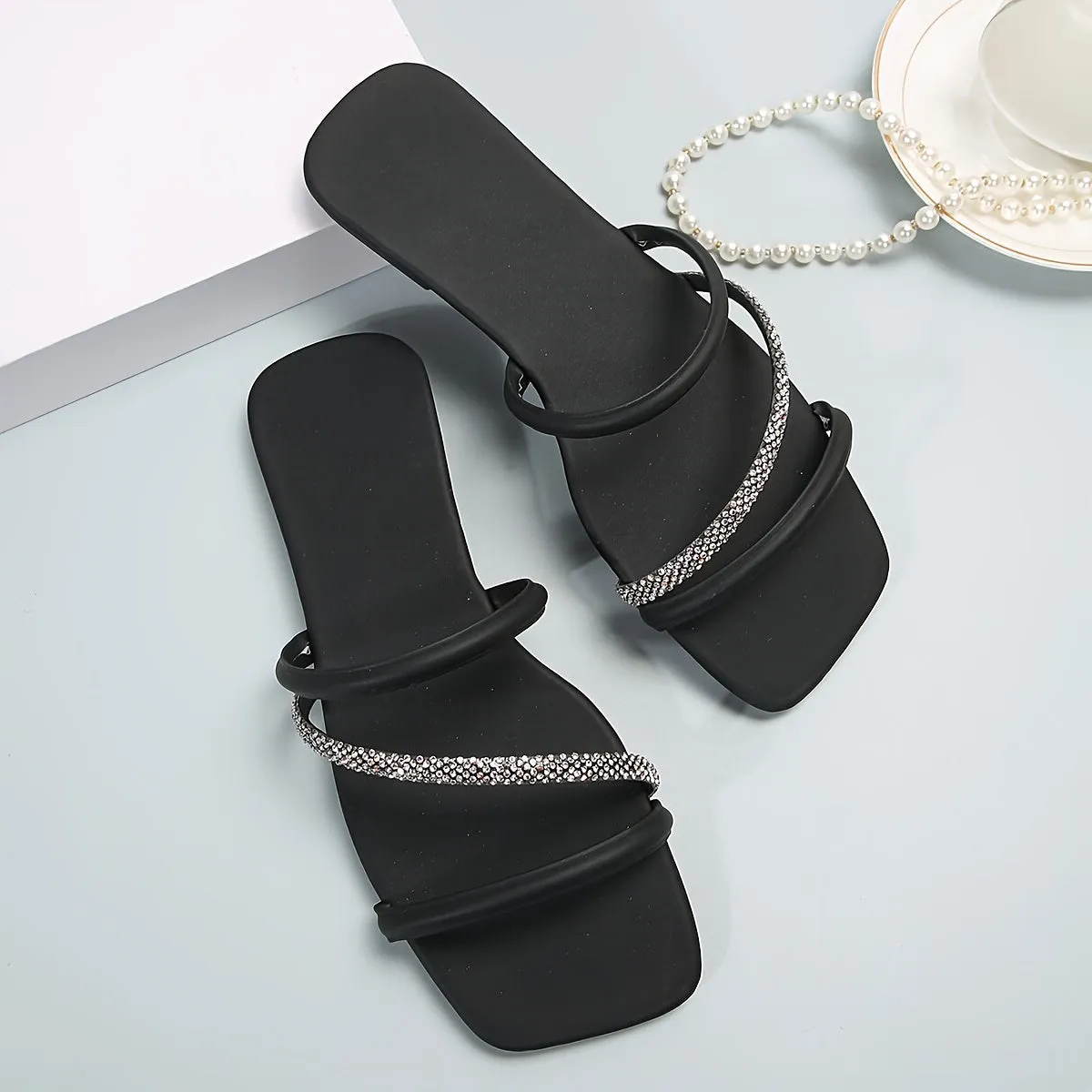 Stylish Rhinestone Slide Sandals - Sparkling Decor, Fashion Square Open Toe, Lightweight, Flat, Comfortable, Breathable, Summer Shoes for Women