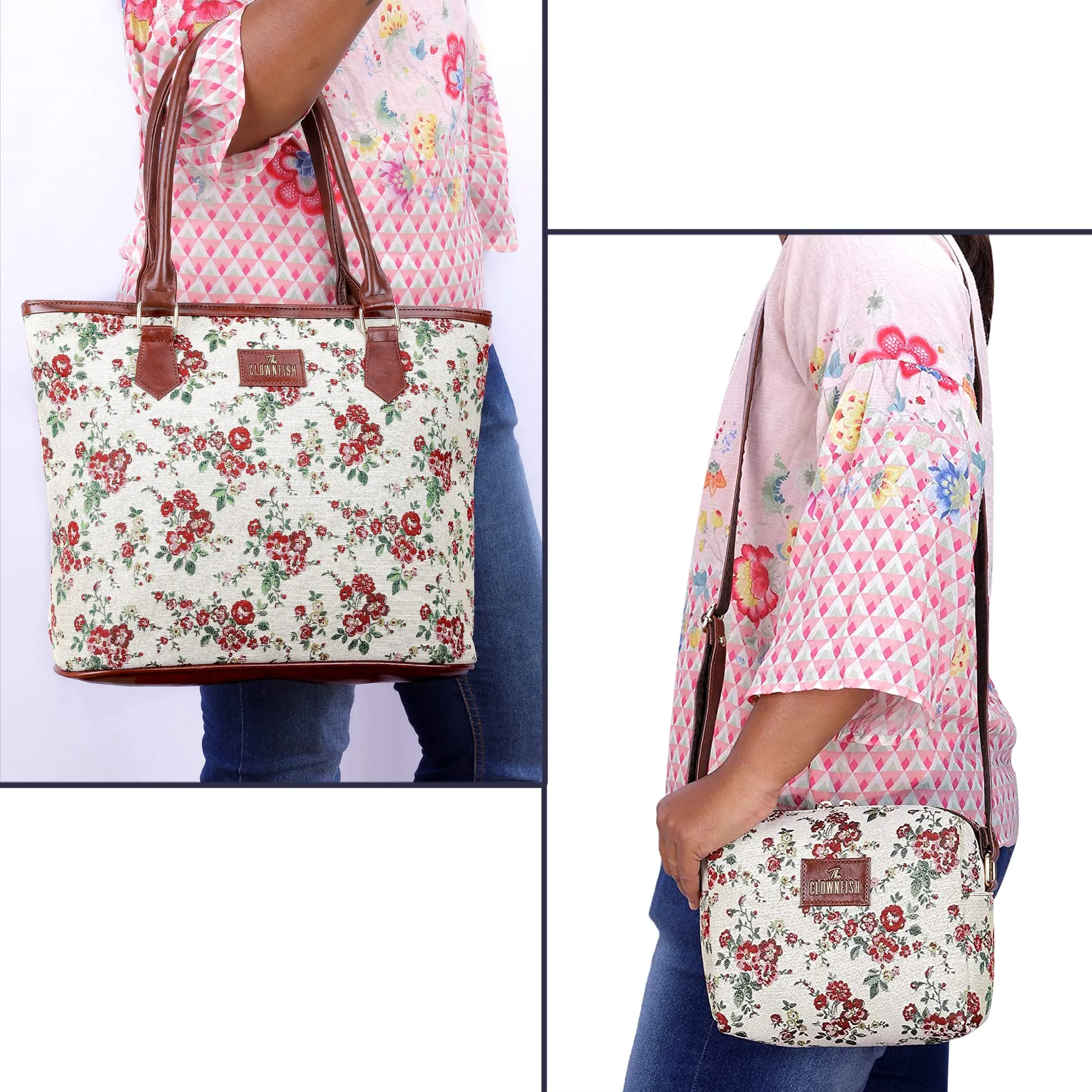 THE CLOWNFISH Combo Of Adelina Sling for Women Crossbody Bag for Ladies College Girls & Justina Tapestry Fabric & Faux Leather Handbag for Women (White-Floral)