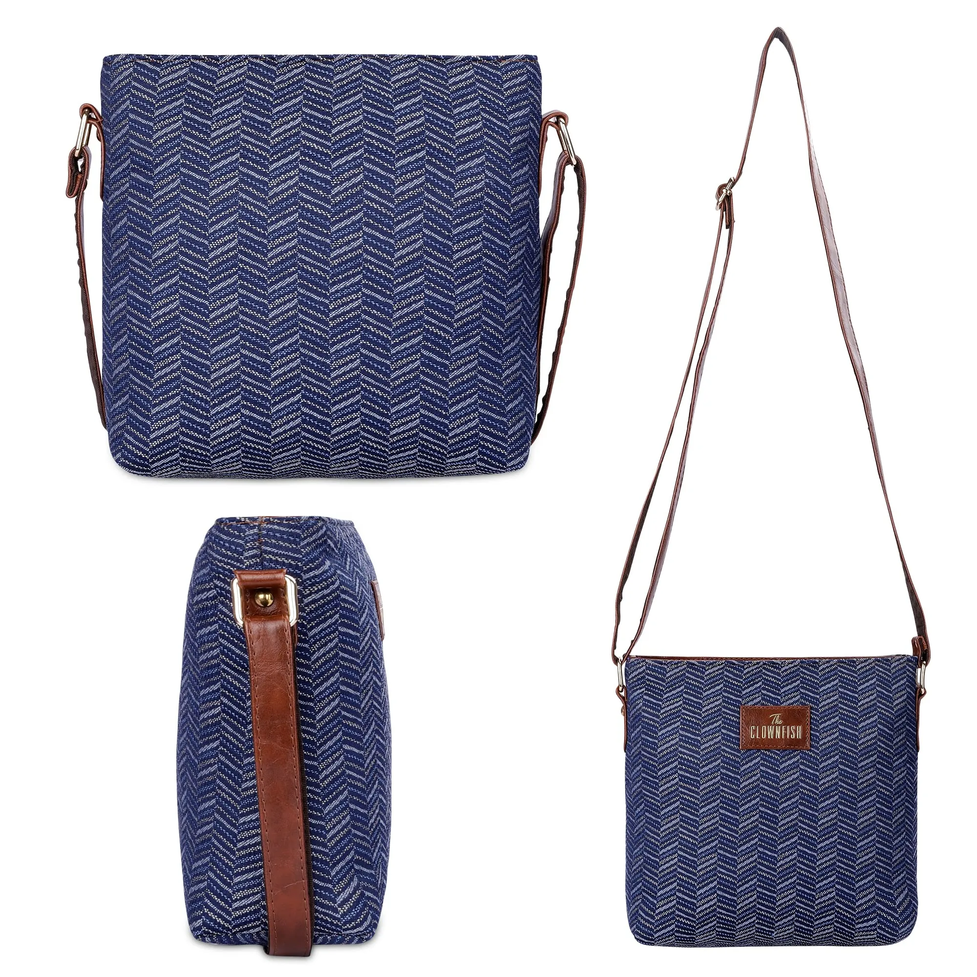 THE CLOWNFISH Combo Of Linda Sling for Women Crossbody Bag for College Girls Justina Tapestry Fabric & Faux Leather Handbag for Women (Blue-Stripes)