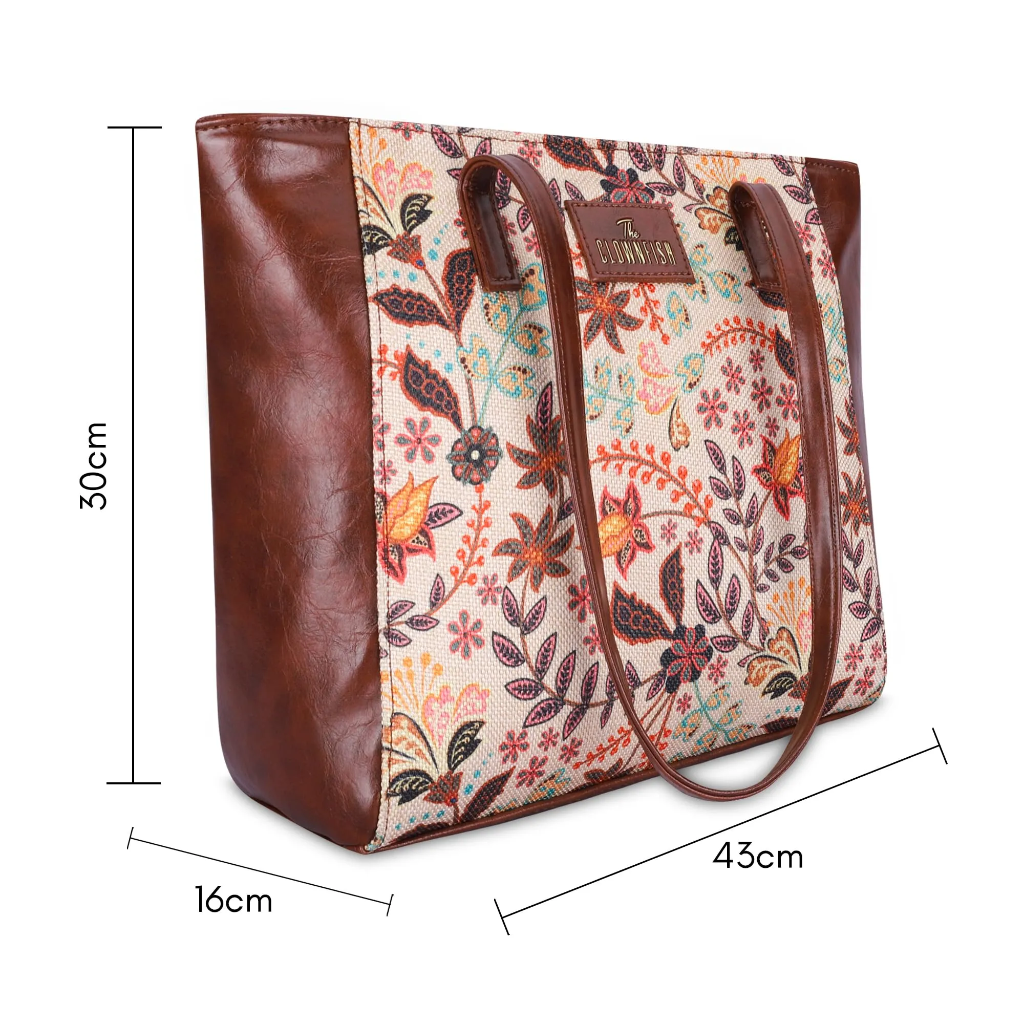 THE CLOWNFISH Valentine Printed Handicraft Fabric & Faux Leather Handbag for Women Office Bag Ladies Shoulder Bag Tote for Women College Girls (Brown-Leaf Print)