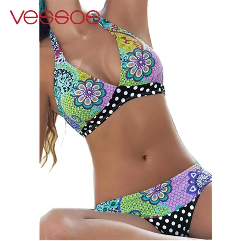 VESSOS Women Sexy Floral Printed Bikini Set Swimwear Halter Hanging Neck Swimsuit Comfortably Swimwear Bathing Suit