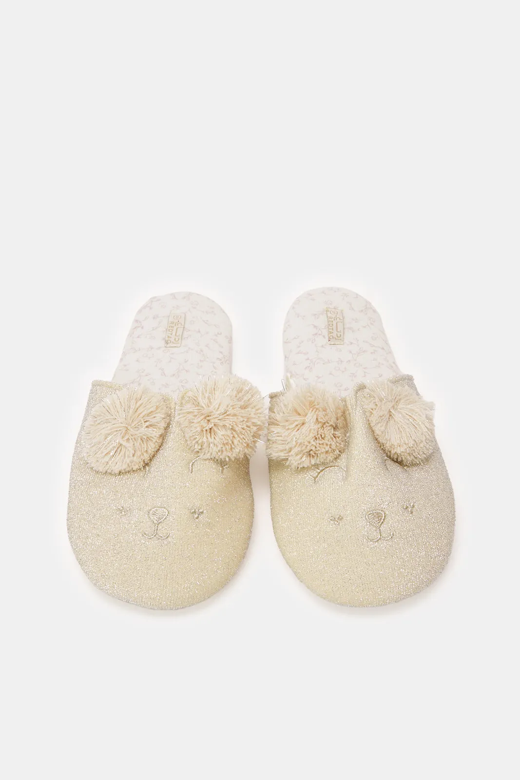 Women Beige Closed Toe Pom Pom Slippers