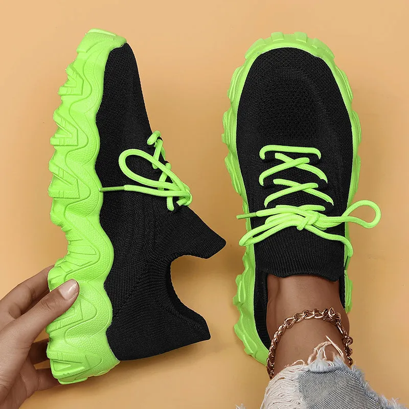 Women's neon color knitted breathable soft lace-up sneakers for summer