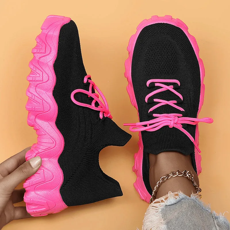 Women's neon color knitted breathable soft lace-up sneakers for summer