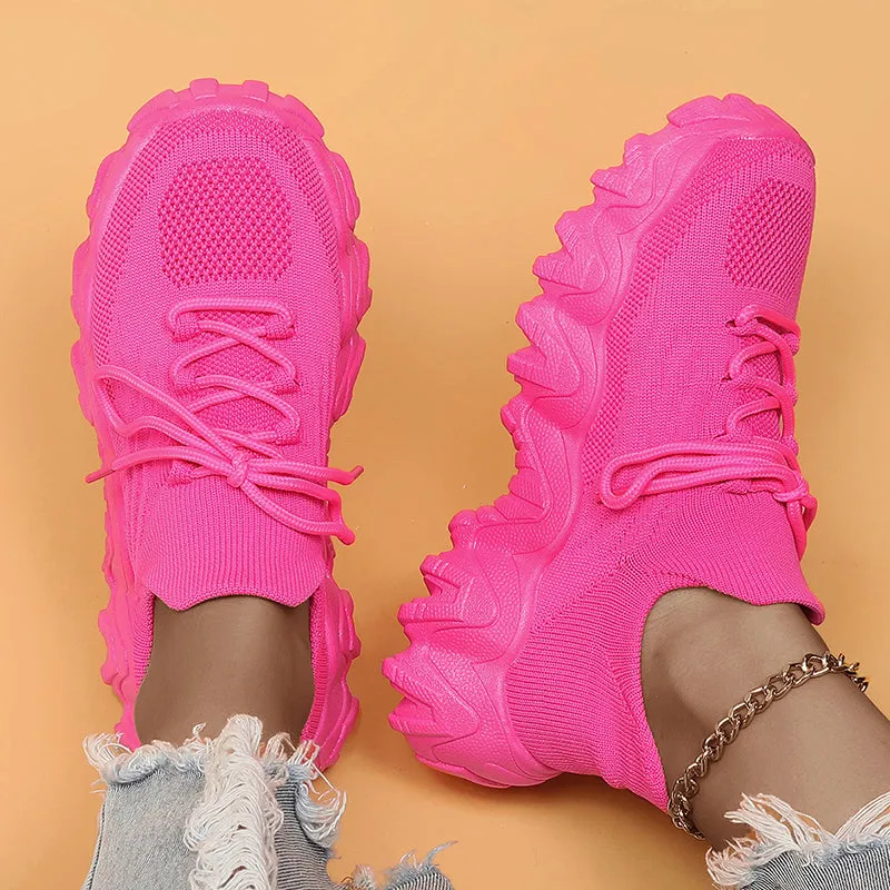 Women's neon color knitted breathable soft lace-up sneakers for summer