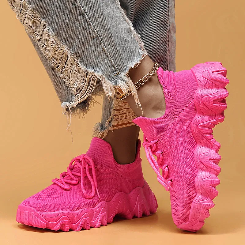 Women's neon color knitted breathable soft lace-up sneakers for summer